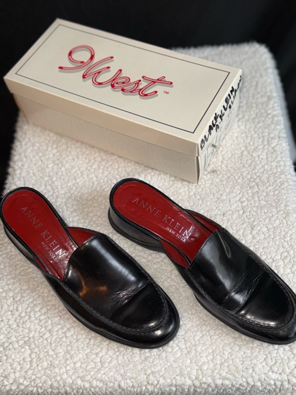 Anne Klein Black Leather Slip-On Mules with Red Insole